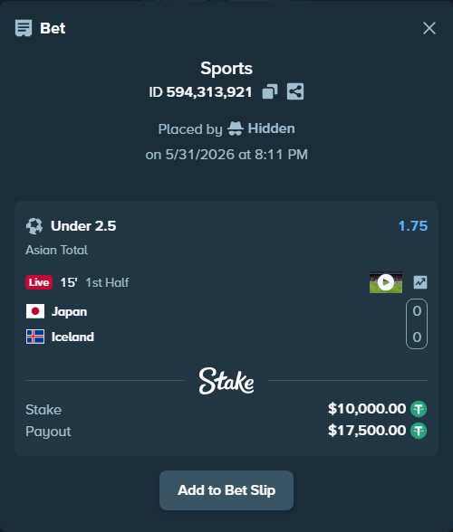 Bet slip: Japan - Iceland, $10,010.00 stake at 1.75 odds, placed by Hidden