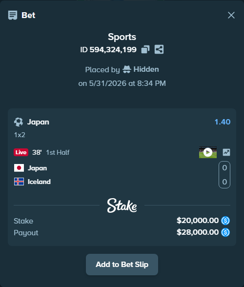 Bet slip: Japan - Iceland, $20,000.00 stake at 1.40 odds, placed by Hidden