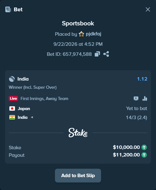 Bet slip: Japan - India, $10,000.00 stake at 1.12 odds, placed by pjdkfaj