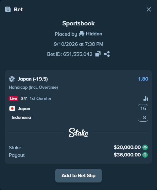 Bet slip: Japan - Indonesia, $20,000.00 stake at 1.80 odds, placed by Hidden