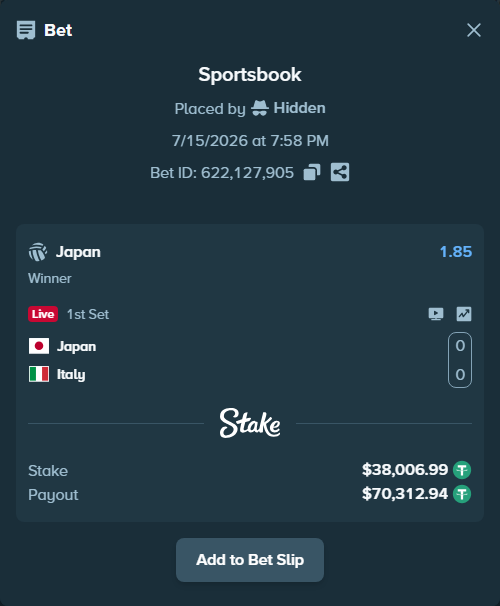 Bet slip: Japan - Italy, $38,045.00 stake at 1.85 odds, placed by Hidden