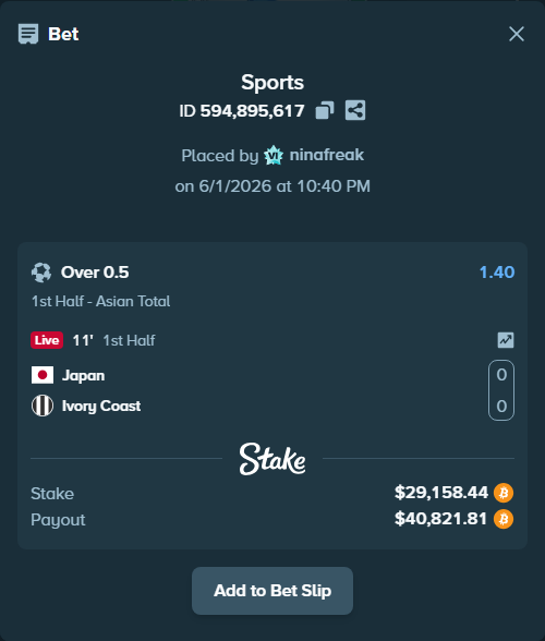 Bet slip: Japan - Ivory Coast, $25,998.07 stake at 1.40 odds, placed by ninafreak