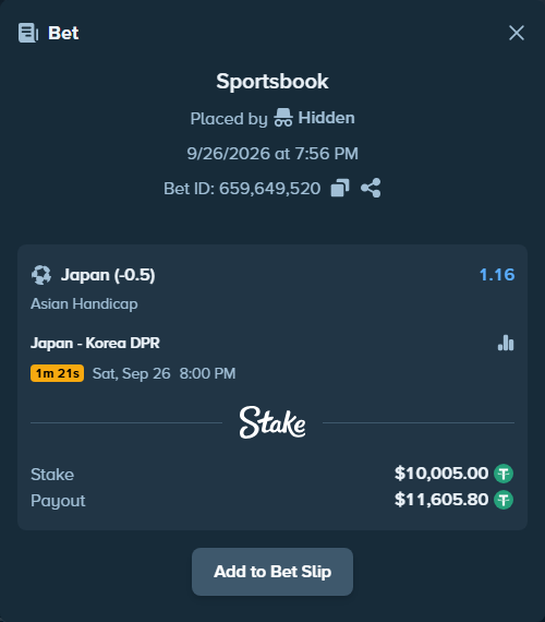 Bet slip: Japan - Korea DPR, $10,005.00 stake at 1.16 odds, placed by Hidden