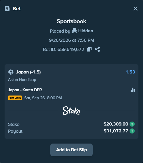 Bet slip: Japan - Korea DPR, $20,309.00 stake at 1.53 odds, placed by Hidden