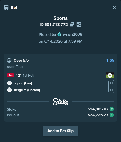 Bet slip: Japan (Luis) - Belgium (Declan), $15,000.00 stake at 1.65 odds, placed by wswrj2008