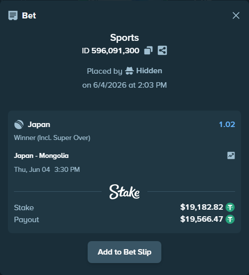 Bet slip: Japan - Mongolia, $19,202.00 stake at 1.02 odds, placed by Hidden