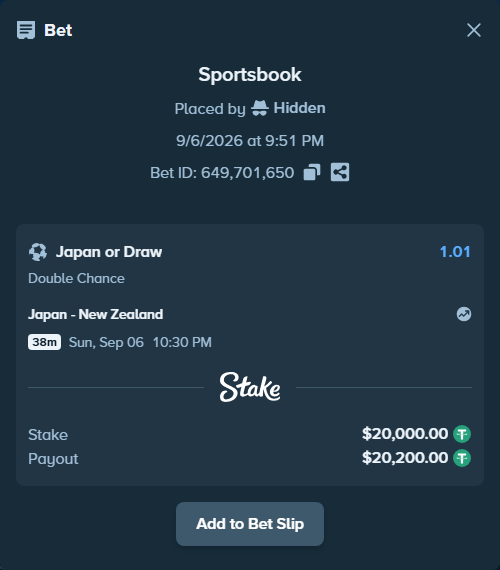 Bet slip: Japan - New Zealand, $20,000.00 stake at 1.01 odds, placed by Hidden