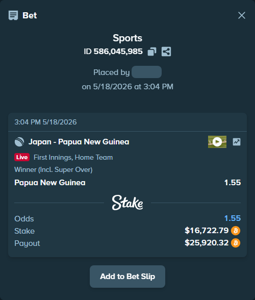 Bet slip: Japan - Papua New Guinea, $13,943.28 stake at 1.55 odds, placed by ninafreak
