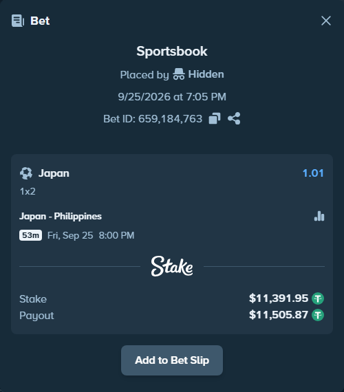 Bet slip: Japan - Philippines, $11,391.95 stake at 1.01 odds, placed by frohnwieserm