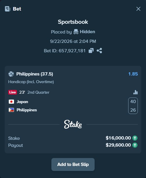 Bet slip: Japan - Philippines, $16,000.00 stake at 1.85 odds, placed by Hidden