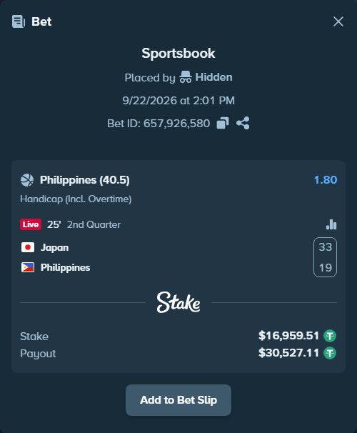 Bet slip: Japan - Philippines, $16,959.51 stake at 1.80 odds, placed by Hidden