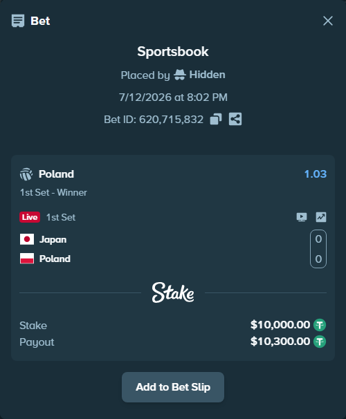 Bet slip: Japan - Poland, $10,010.00 stake at 1.03 odds, placed by Hidden
