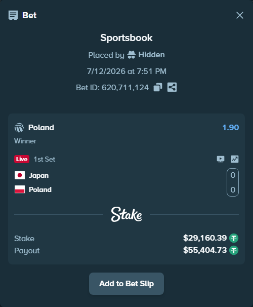 Bet slip: Japan - Poland, $29,189.55 stake at 1.90 odds, placed by Hidden