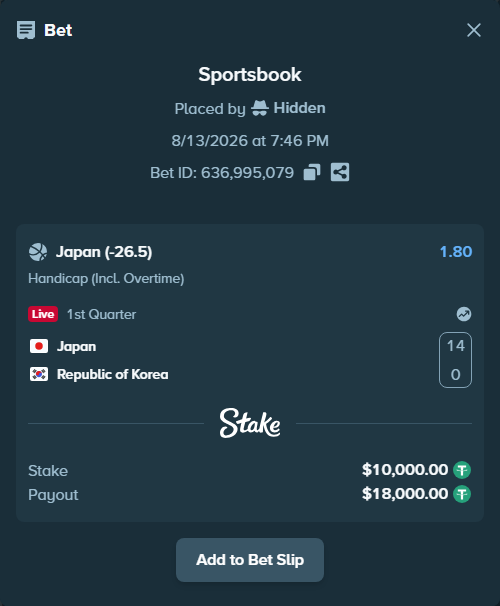 Bet slip: Japan - Republic of Korea, $10,010.00 stake at 1.80 odds, placed by Hidden