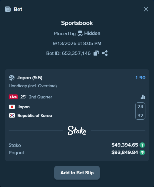 Bet slip: Japan - Republic of Korea, $49,394.65 stake at 1.90 odds, placed by Hidden