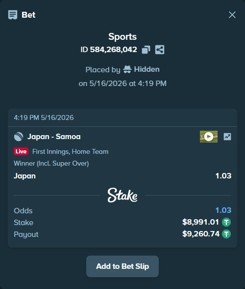 Bet slip: Japan - Samoa, $9,000.00 stake at 1.03 odds, placed by Hidden