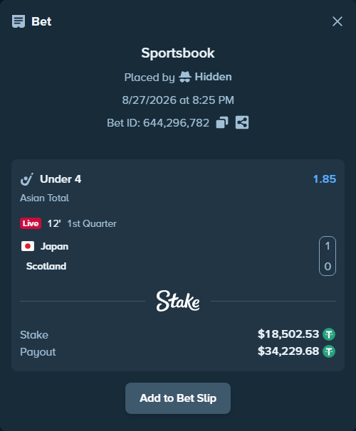 Bet slip: Japan - Scotland, $18,502.53 stake at 1.85 odds, placed by Hidden