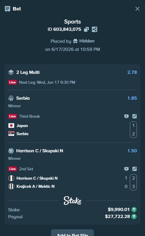 Bet slip: Japan - Serbia, $10,000.00 stake at 1.85 odds, placed by Hidden