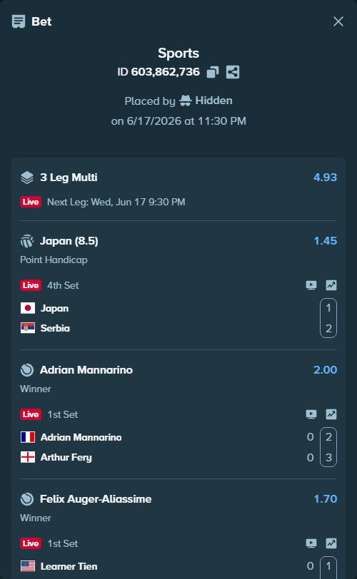 Bet slip: Japan - Serbia, $10,000.00 stake at 1.45 odds, placed by Hidden
