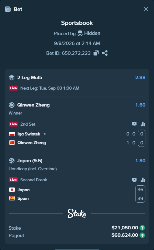 Bet slip: Japan - Spain, $21,050.00 stake at 1.80 odds, placed by Hidden