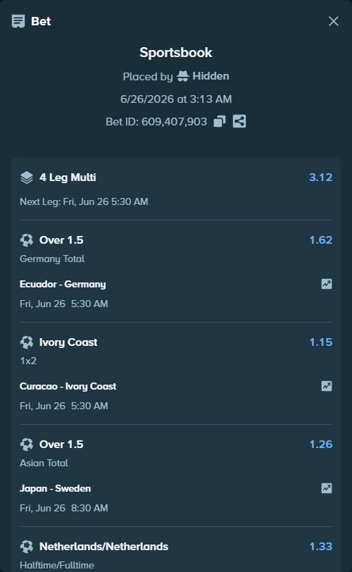 Bet slip: Japan - Sweden, $10,000.00 stake at 1.26 odds, placed by Hidden