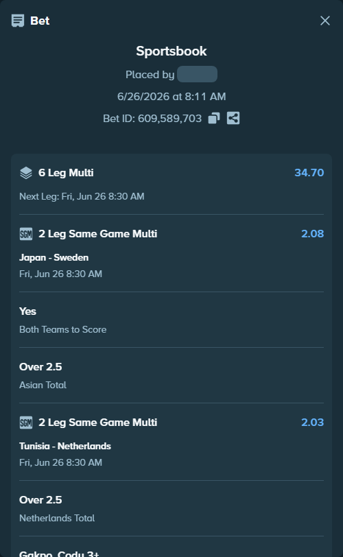 Bet slip: Japan - Sweden, $10,010.00 stake at 1.67 odds, placed by thesakultah