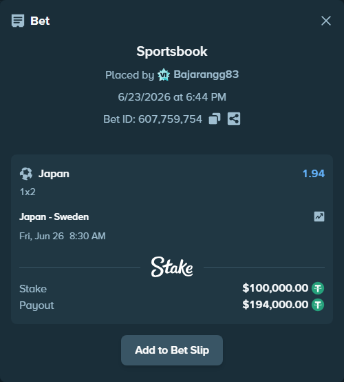Bet slip: Japan - Sweden, $100,100.00 stake at 1.94 odds, placed by Bajarangg83