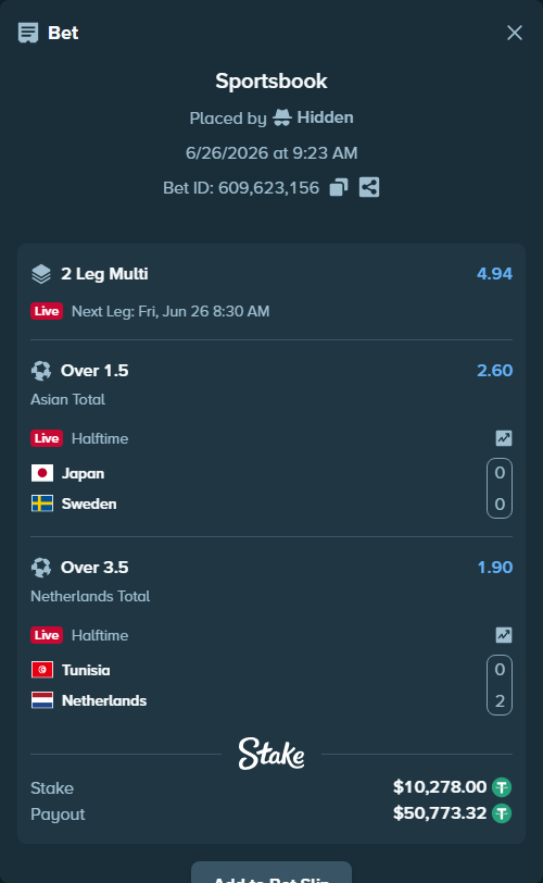 Bet slip: Japan - Sweden, $10,288.28 stake at 2.60 odds, placed by Hidden