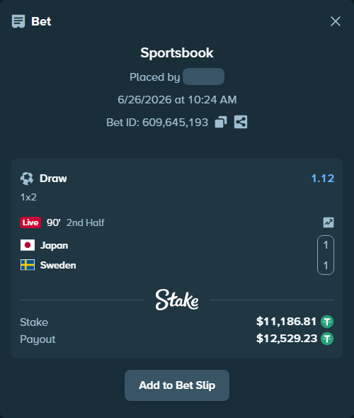 Bet slip: Japan - Sweden, $11,198.00 stake at 1.12 odds, placed by martinesor