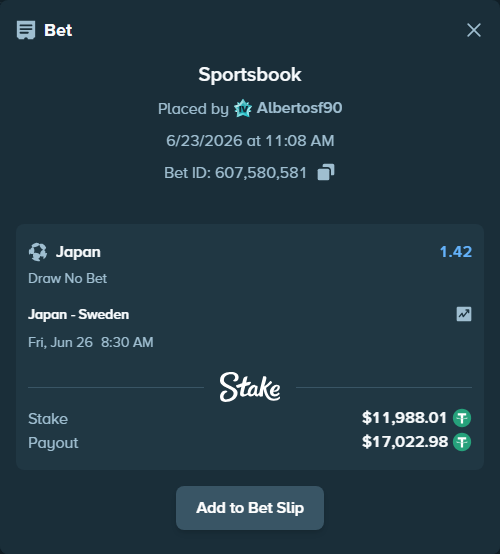 Bet slip: Japan - Sweden, $12,000.00 stake at 1.42 odds, placed by Albertosf90