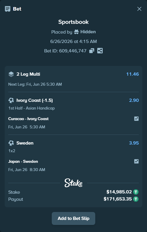 Bet slip: Japan - Sweden, $15,000.00 stake at 3.95 odds, placed by Hidden