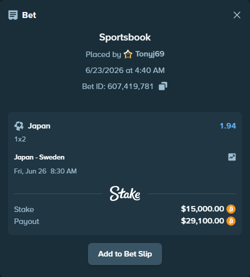 Bet slip: Japan - Sweden, $15,003.57 stake at 1.94 odds, placed by Tonyj69