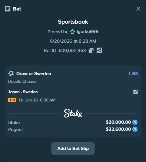 Bet slip: Japan - Sweden, $20,000.00 stake at 1.63 odds, placed by Igorko999