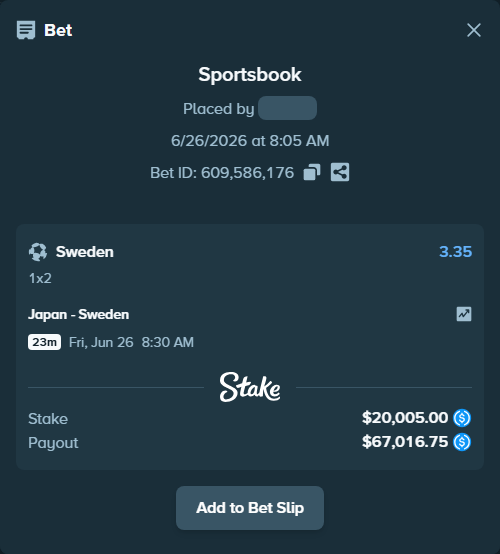 Bet slip: Japan - Sweden, $20,005.00 stake at 3.35 odds, placed by reggieewellq