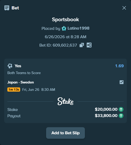 Bet slip: Japan - Sweden, $20,020.00 stake at 1.69 odds, placed by Latino1998