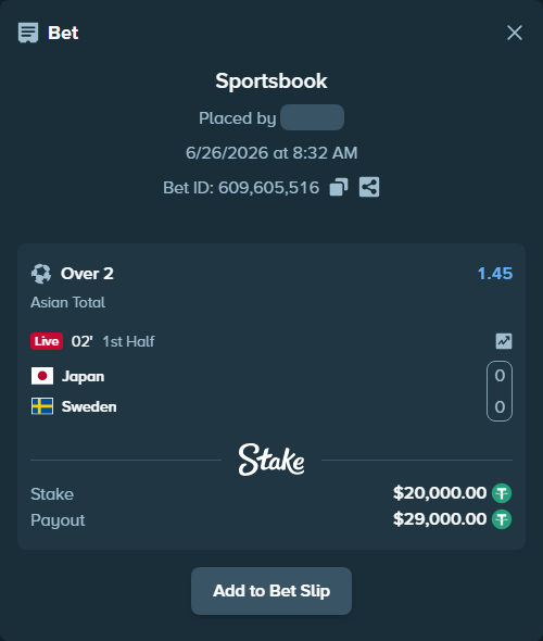 Bet slip: Japan - Sweden, $20,020.00 stake at 1.45 odds, placed by Latino1998
