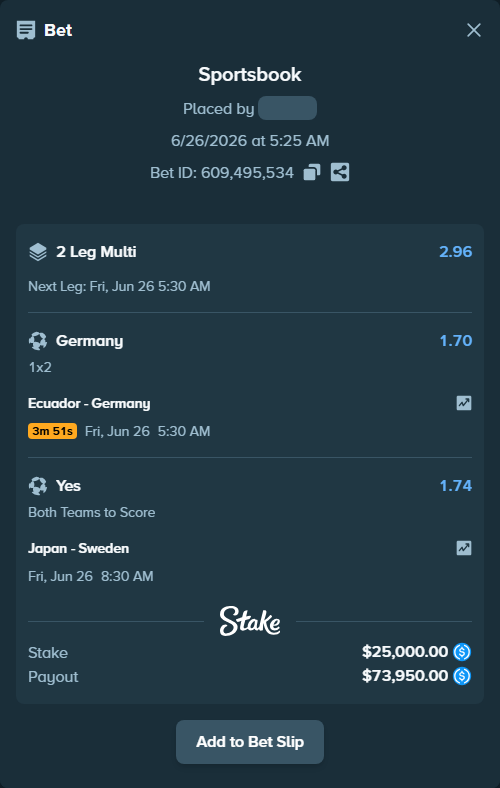 Bet slip: Japan - Sweden, $25,000.00 stake at 1.74 odds, placed by Cabrzy