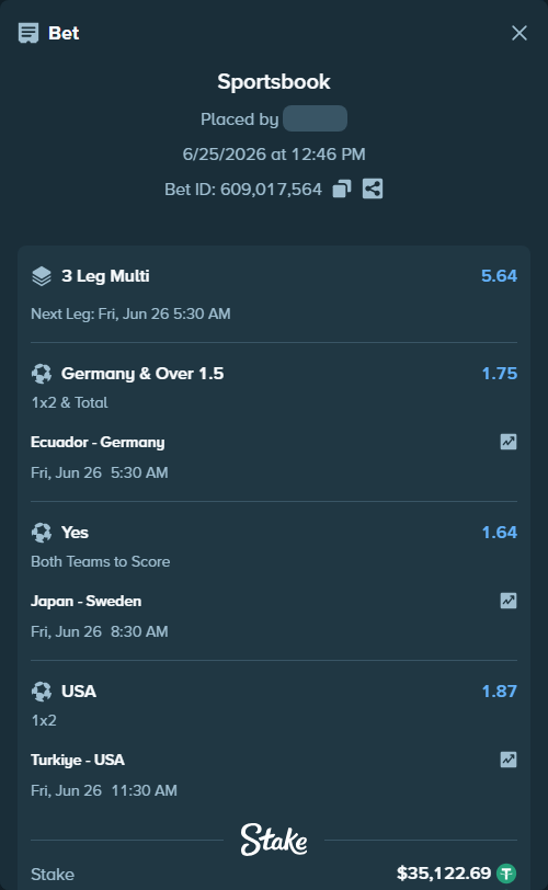 Bet slip: Japan - Sweden, $35,157.82 stake at 1.64 odds, placed by Bigfoltz