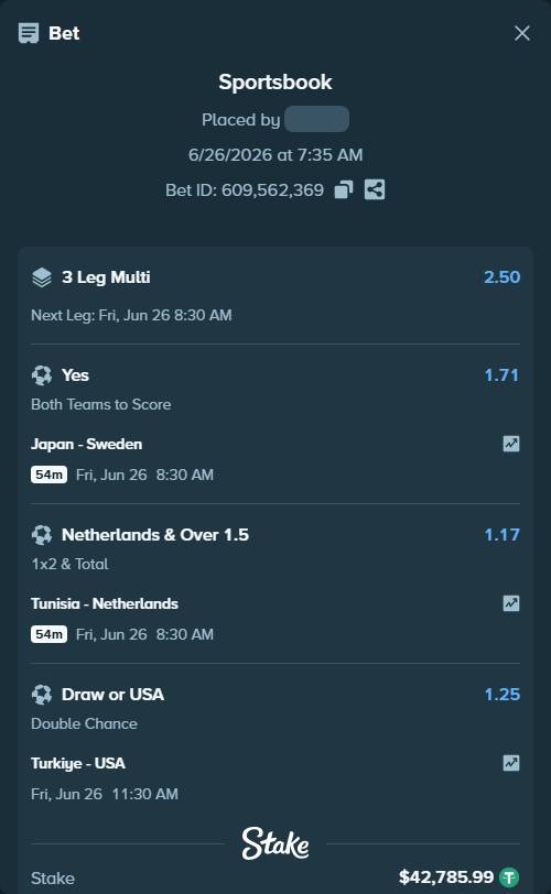Bet slip: Japan - Sweden, $42,828.78 stake at 1.71 odds, placed by Bigfoltz