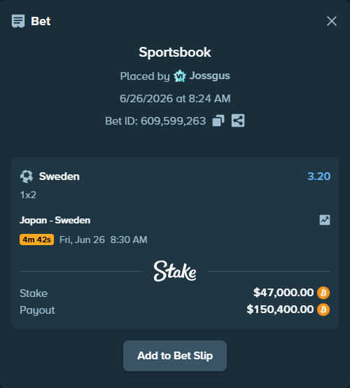 Bet slip: Japan - Sweden, $47,343.55 stake at 3.20 odds, placed by Jossgus