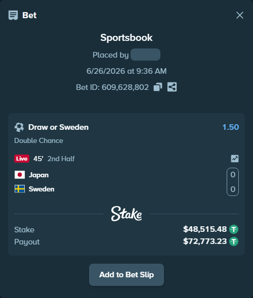 Bet slip: Japan - Sweden, $48,564.00 stake at 1.50 odds, placed by DooDLeZ1love