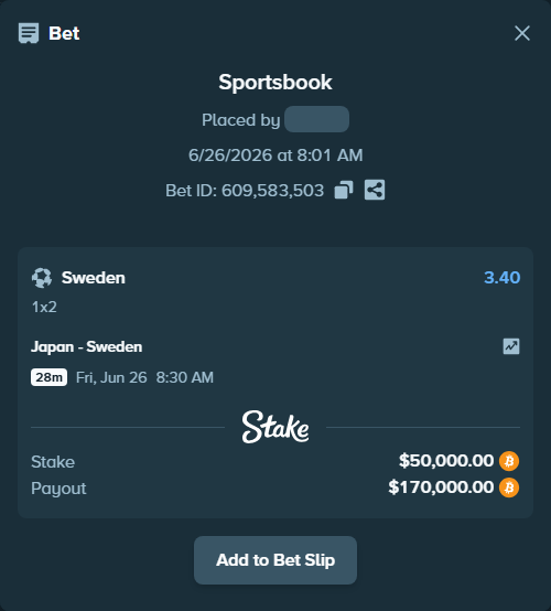Bet slip: Japan - Sweden, $50,245.27 stake at 3.40 odds, placed by Jossgus