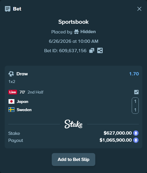 Bet slip: Japan - Sweden, $646,360.52 stake at 1.70 odds, placed by Hidden