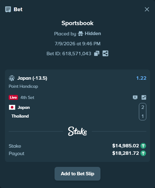 Bet slip: Japan - Thailand, $15,000.00 stake at 1.22 odds, placed by Hidden