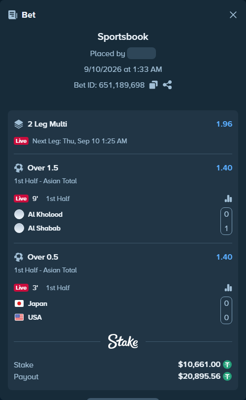 Bet slip: Japan - USA, $10,661.00 stake at 1.40 odds, placed by tlwns4736