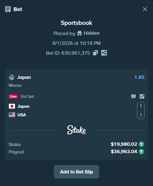 Bet slip: Japan - USA, $20,000.00 stake at 1.85 odds, placed by Hidden
