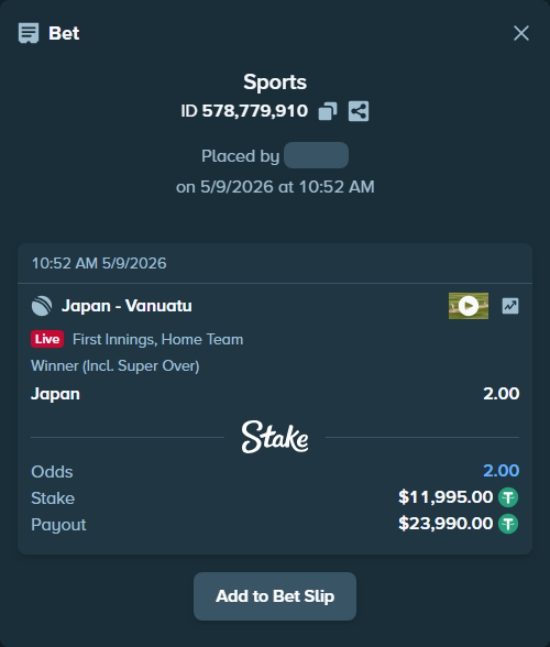 Bet slip: Japan - Vanuatu, $11,995.00 stake at 2.00 odds, placed by Niyazhitman