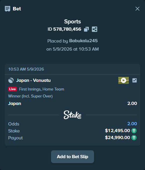 Bet slip: Japan - Vanuatu, $12,495.00 stake at 2.00 odds, placed by Babukalu245