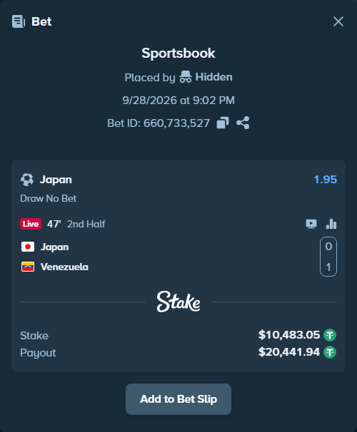 Bet slip: Japan - Venezuela, $10,482.00 stake at 1.95 odds, placed by Hidden