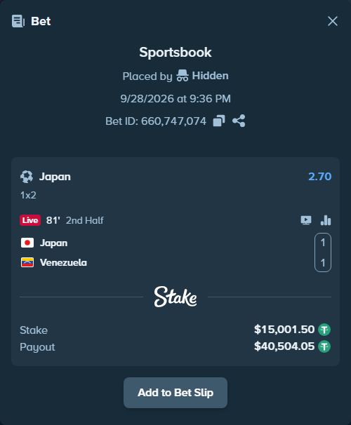 Bet slip: Japan - Venezuela, $15,000.00 stake at 2.70 odds, placed by Hidden